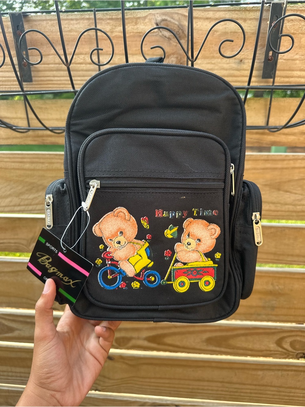 Kids Black Backpack with Cute Bear 'Happy Time' Print